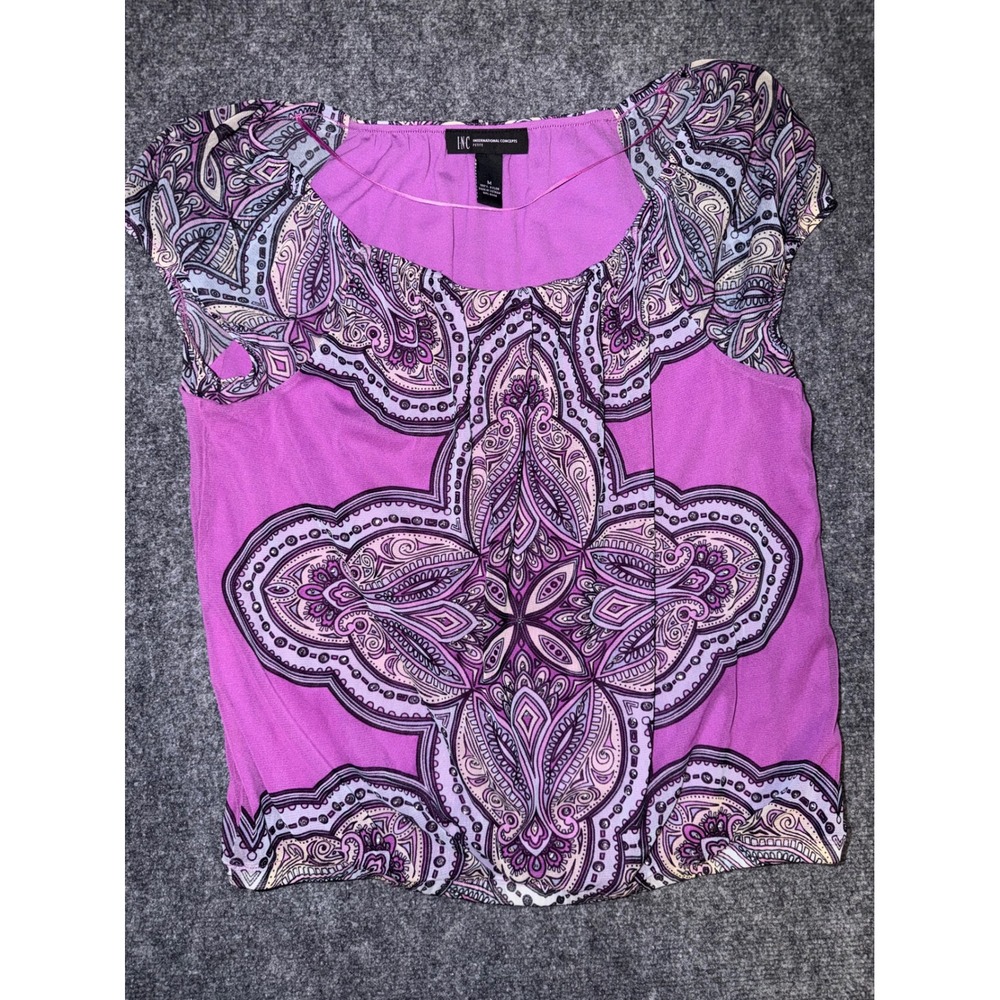 INC International Concepts Petite Purple Paisley Medallion Rhinestone Blouse M